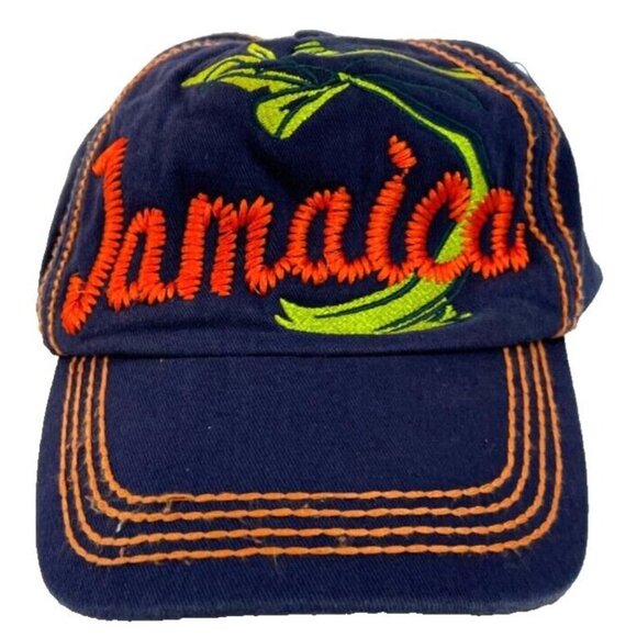 Jamaica cap waves palm tree orange green on navy blue embroidered adjustable - Picture 2 of 8